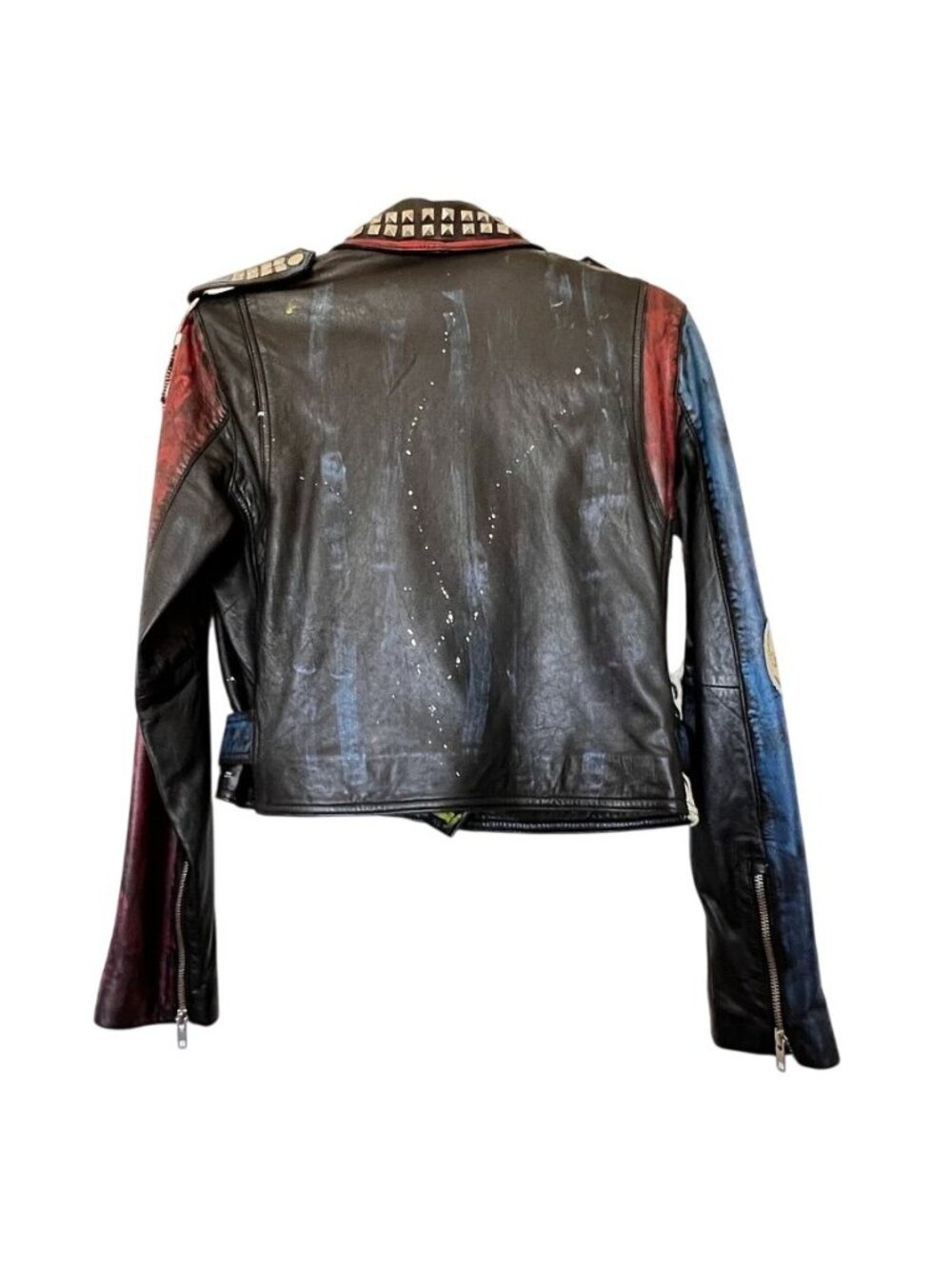Zara Women M Ltd Edition Leather Battle Jacket Moto Studded Patchwork Cropped - Picture 2 of 16